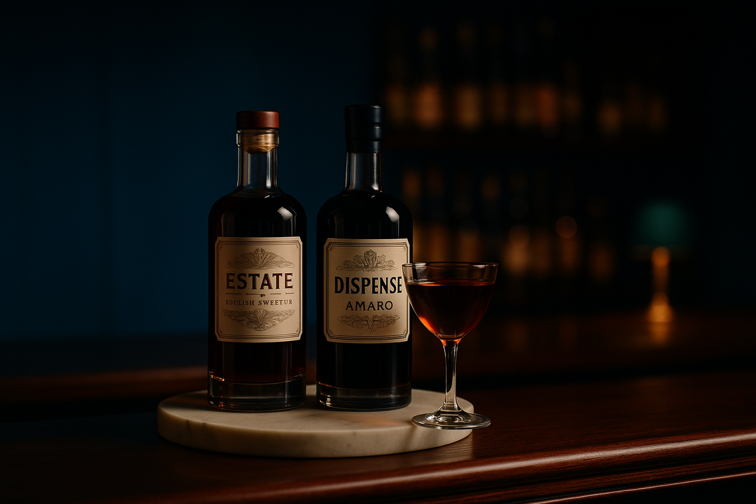 Asterley Bros product range on a bar counter, including ESTATE English Sweet Vermouth and DISPENSE Modern British Amaro