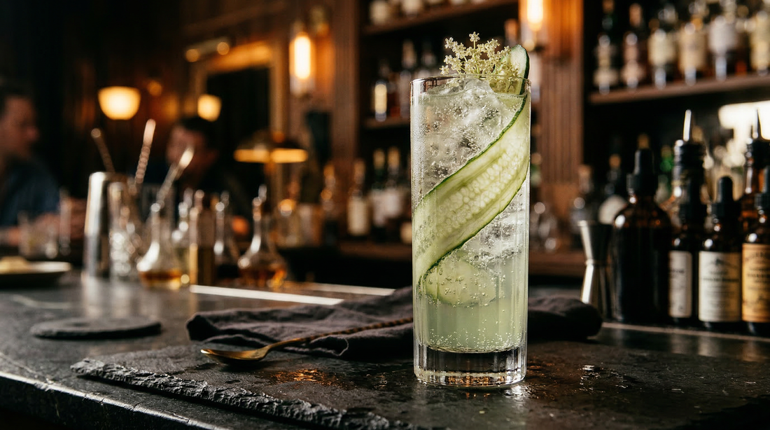 Schofield's Cucumber Collins cocktail in a tall glass with cucumber ribbon