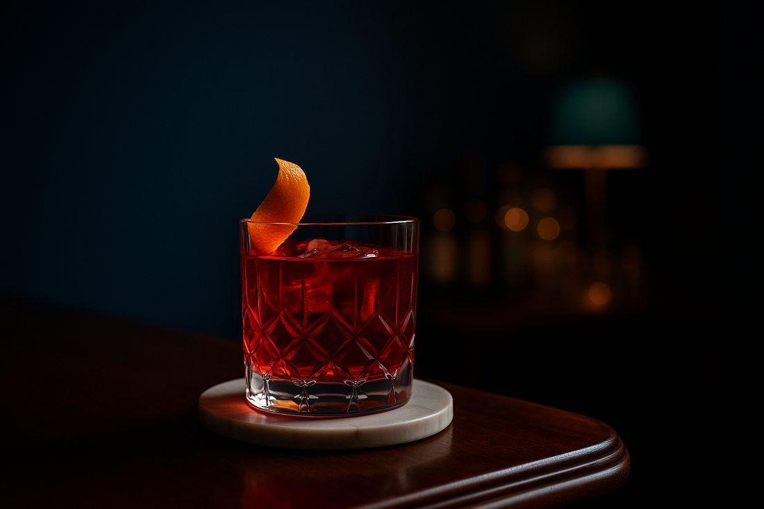 A deep red stirred Negroni in a cut-glass tumbler with an orange peel, rich crimson hue, on a dark marble bar top