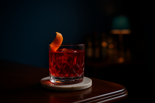 A deep red stirred Negroni in a cut-glass tumbler with an orange peel, rich crimson hue, on a dark marble bar top