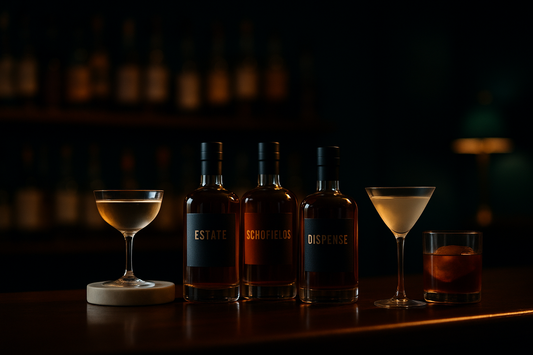 A curated selection of Asterley Bros bottles ,  ESTATE, SCHOFIELD'S, DISPENSE and ASTERLEY ORIGINAL ,  arranged with cocktail glasses on a bar counter
