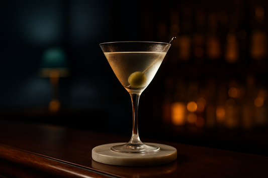 A bone-dry Martini in a stemmed glass with a single green olive, cold and clear, low after-hours bar light
