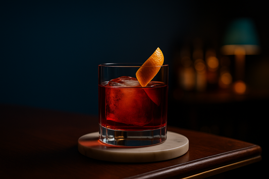 A classic Negroni made with red English sweet vermouth in a heavy rocks glass over a large clear ice cube, garnished with a wide orange twist