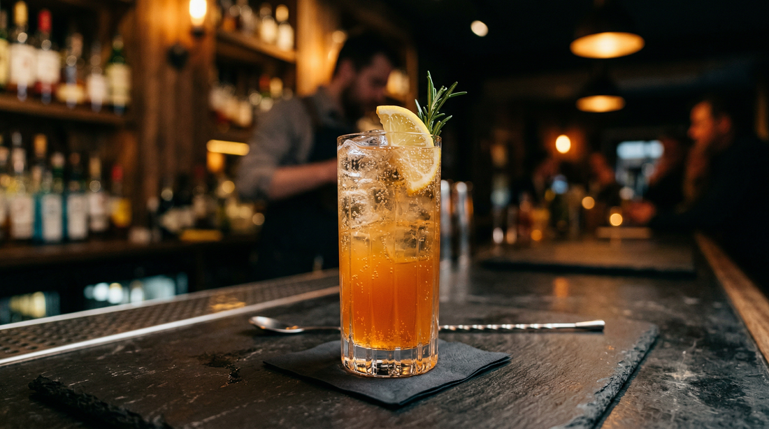 Asterley Original with fresh lemon and bitter lemon tonic — sharper and drier than a standard spritz, built for those who like an edge.