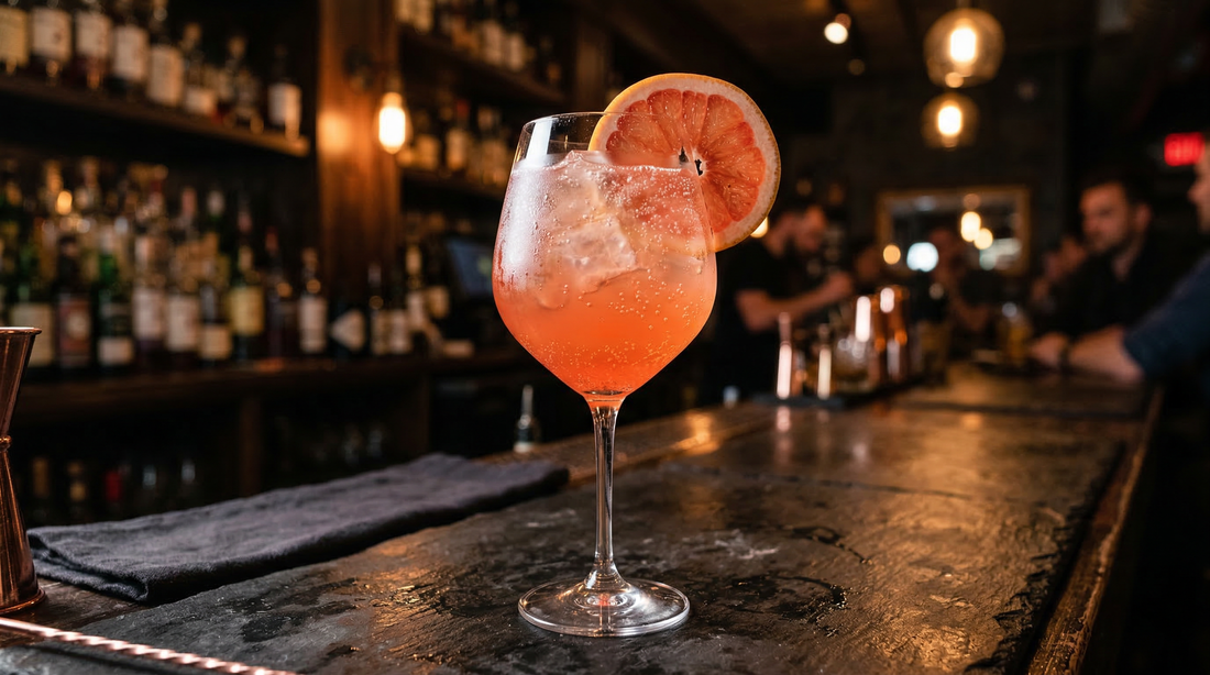 Asterley Grapefruit Spritz — a vibrant coral-pink spritz with grapefruit garnish