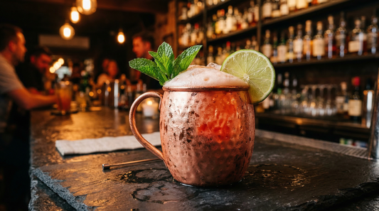 An Asterley Mule in a frosted copper mug with lime wheel and mint sprig garnish
