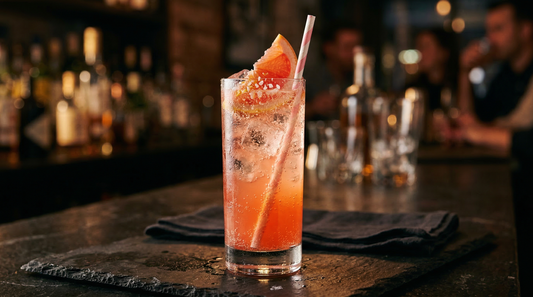 Asterley Paloma Highball cocktail in a tall glass with ice and grapefruit garnish