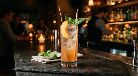 Asterley Peach Punch -- a tall glass of amber-peach punch with peach slice and basil