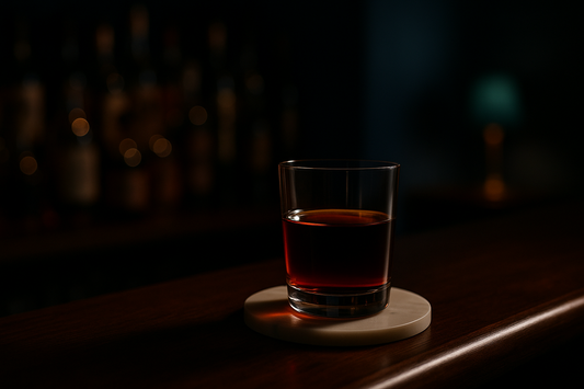A dark bittersweet spirit-forward digestif in a small rocks glass, deep mahogany colour, on a dark wood bar after hours