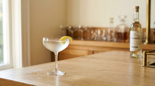 A Dry Martini in a coupe with a lemon twist, on a light wood bar in soft afternoon light.