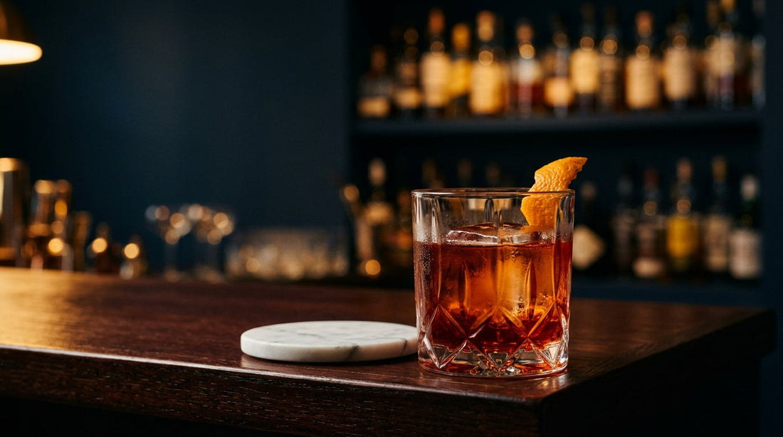 A classic Negroni over ice with an orange twist on a dark wood bar.