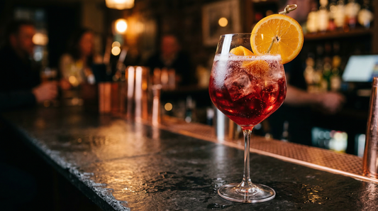 A vibrant ruby-red Britannica Negroni Sbagliato in a wine glass with prosecco bubbles and orange slice