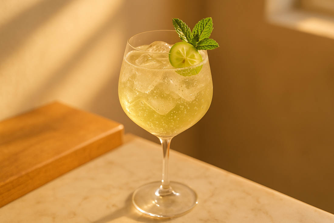 A pale golden-green gooseberry spritz in a large wine glass over ice, topped with soda and a fresh garnish, bright golden-hour daylight