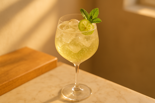 A pale golden-green gooseberry spritz in a large wine glass over ice, topped with soda and a fresh garnish, bright golden-hour daylight
