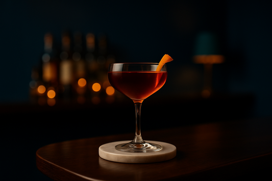 An amber-red sweet vermouth cocktail in a coupe glass with an orange twist, warm low after-hours bar lighting
