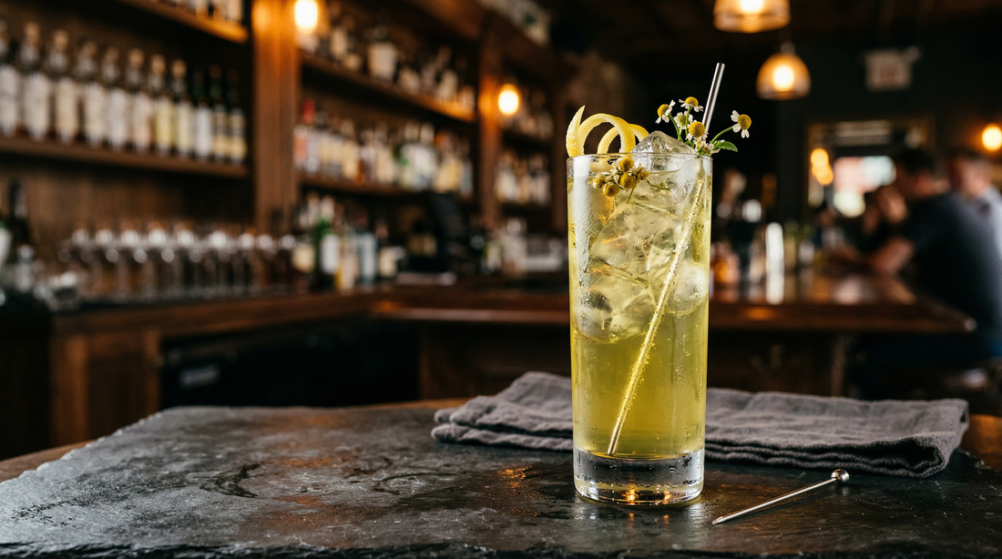 Cunard Dry Vermouth stirred with chamomile honey and lengthened with soda — gentle, floral, dangerously easy to drink.