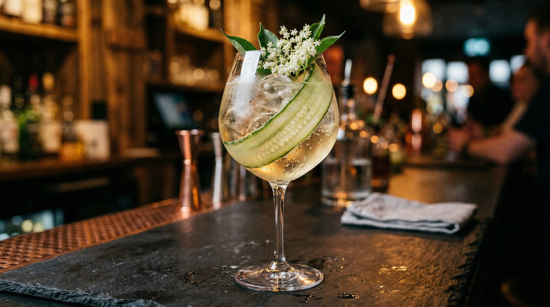 Cunard Elderflower Spritz — a pale golden spritz in a wine glass with cucumber and elderflower