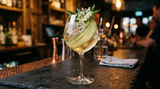 Cunard Elderflower Spritz — a pale golden spritz in a wine glass with cucumber and elderflower