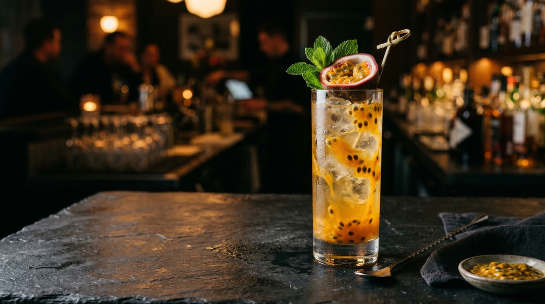 A tall glass of golden Cunard Passion Fruit Fizz with passion fruit seeds and a half passion fruit garnish