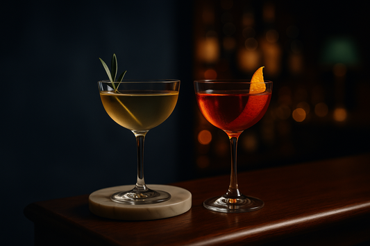 Two copa glasses, one holding a pale gold dry vermouth Martini, one holding a deep amber Negroni, each with a botanical garnish