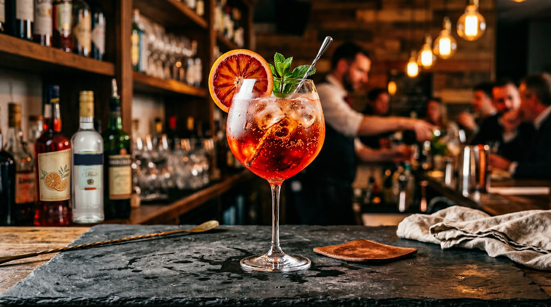 Dispense shaken with blood orange and lengthened with prosecco — a bittersweet aperitivo with a deep citrus edge.