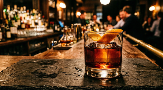 A rich deep amber Dispense Boulevardier in a rocks glass over a large ice cube with orange peel
