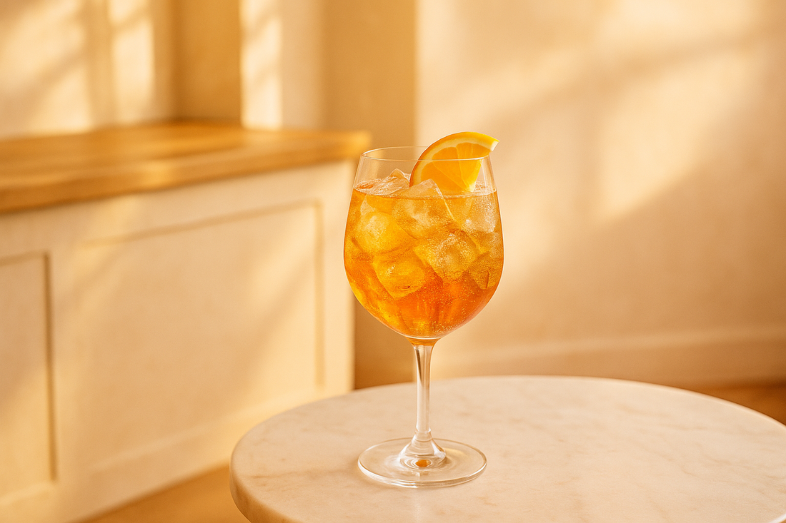 A vibrant amber British aperitivo spritz over ice topped with tonic and an orange slice, warm daytime aperitivo setting