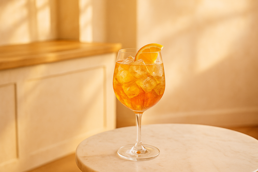 A vibrant amber British aperitivo spritz over ice topped with tonic and an orange slice, warm daytime aperitivo setting
