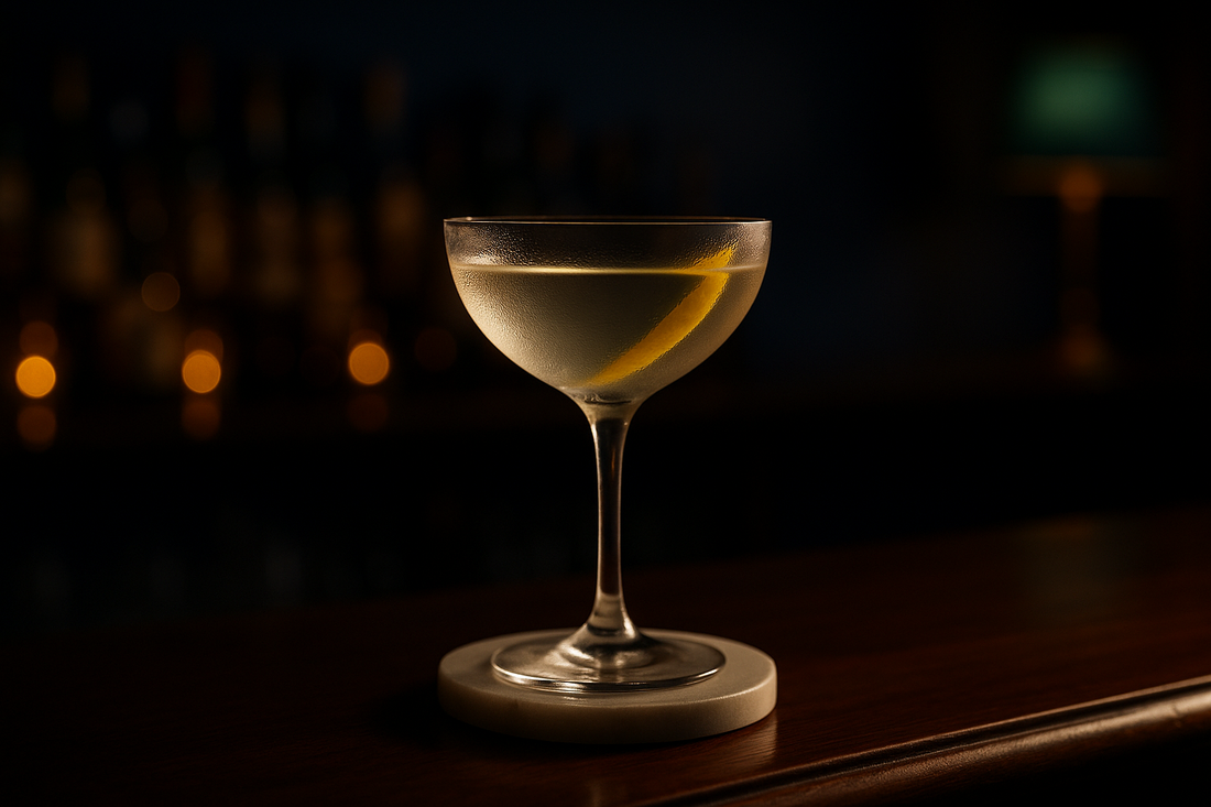 A crisp dry Martini in a chilled coupe with a slim lemon twist, condensation on the glass, dim evening bar