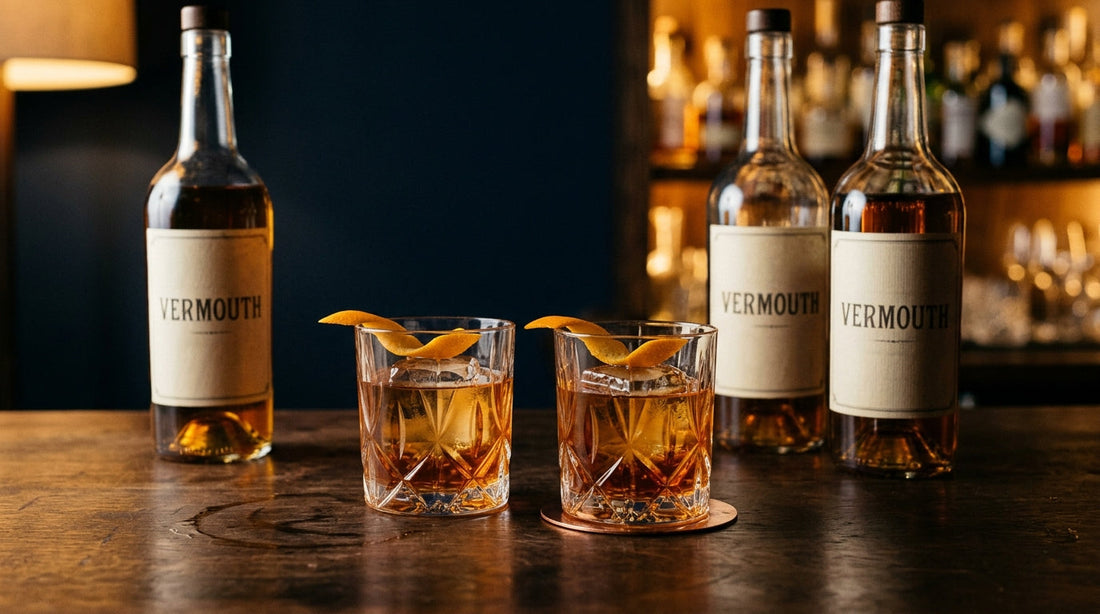 Two amber vermouth cocktails and two vermouth bottles on a dark wood bar.