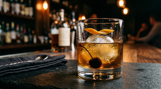 An Estate Old Fashioned in a rocks glass with a large ice sphere, orange peel, and dark cherry