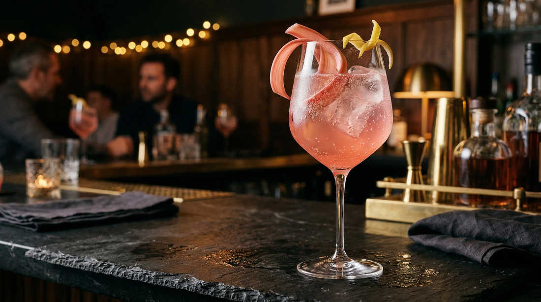 Estate Rhubarb Spritz — a blush-pink spritz in a wine glass with rhubarb garnish