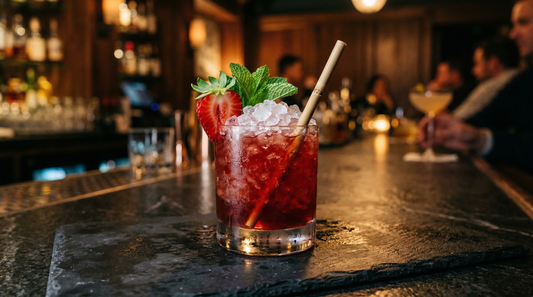 Estate Strawberry Cobbler -- a rocks glass with crushed ice, ruby-red cobbler, strawberry and mint