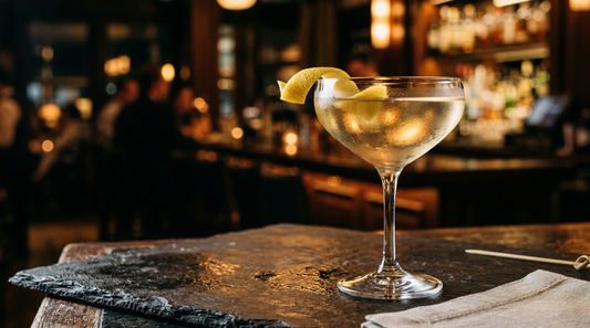 A luminous pale gold Estate White Negroni in an elegant coupe glass with a lemon twist