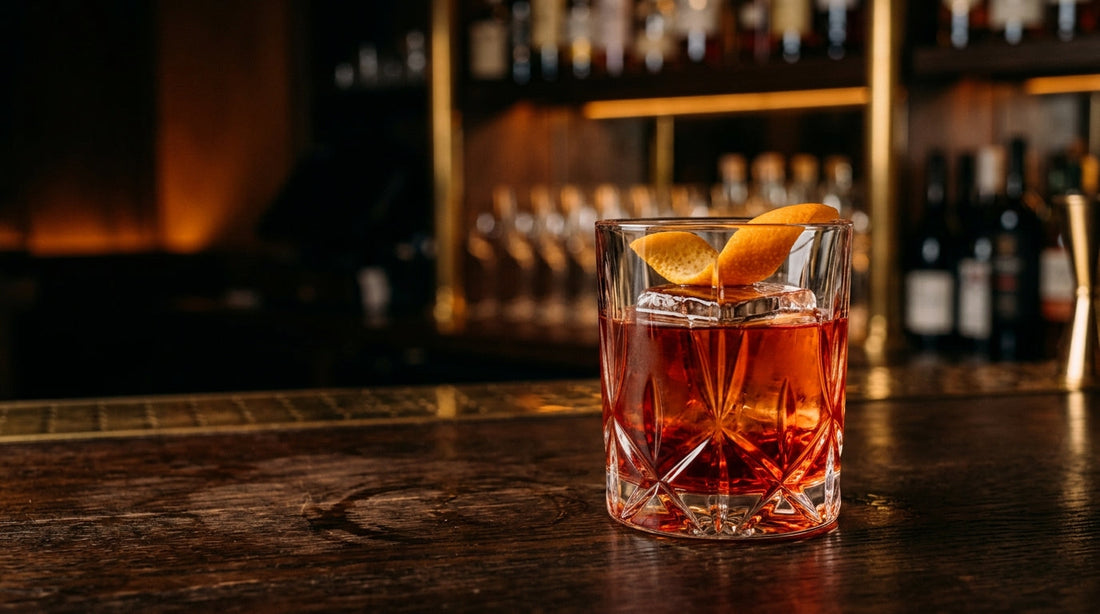 A classic Negroni cocktail over a large ice cube in a rocks glass with an orange twist, warm low after-hours bar lighting