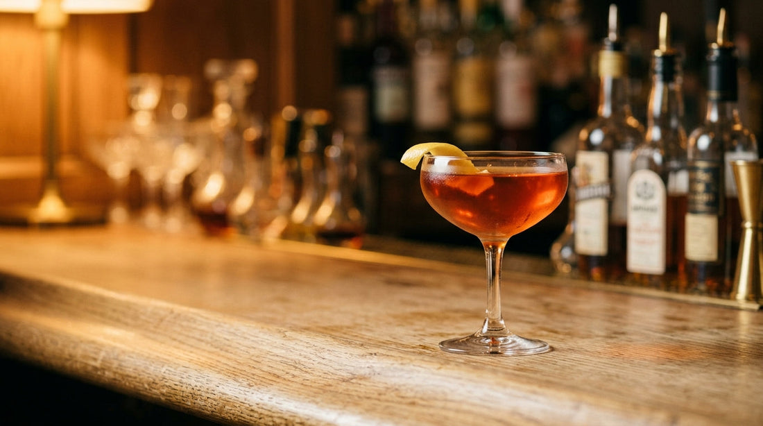 An Italian Gentleman cocktail in a coupe glass with a lemon twist, warm low after-hours bar lighting