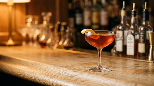 An Italian Gentleman cocktail in a coupe glass with a lemon twist, warm low after-hours bar lighting