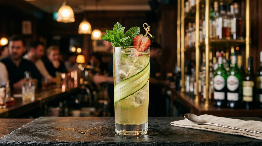 Schofield's Garden Cup -- a tall glass with cucumber, mint, strawberry and lemonade