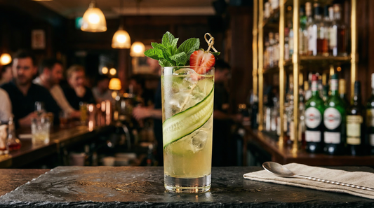 Schofield's Garden Cup -- a tall glass with cucumber, mint, strawberry and lemonade