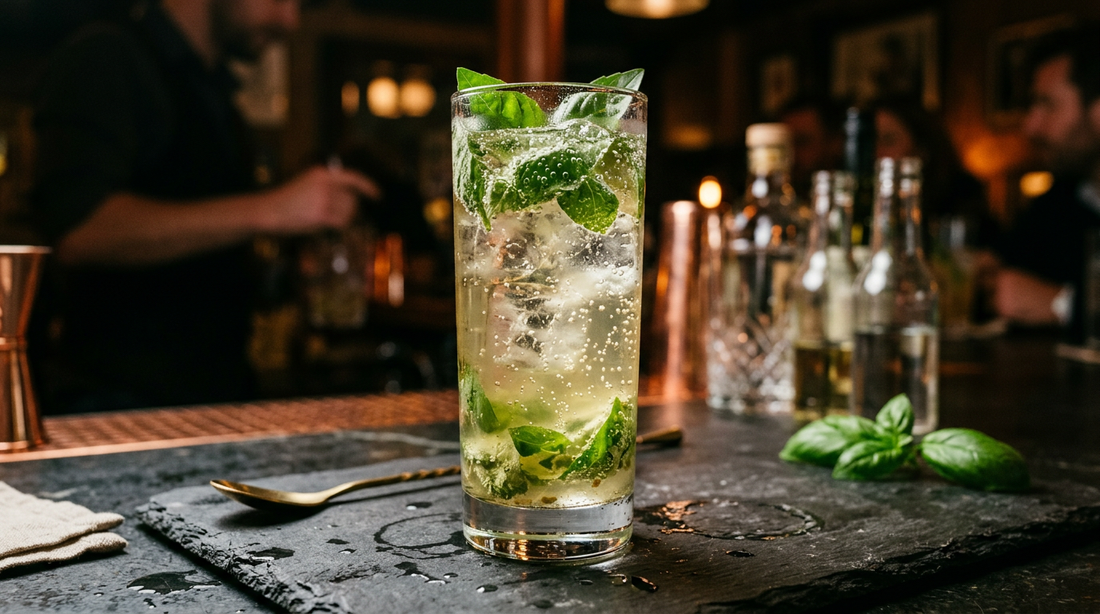 A green, herbaceous highball built on Schofield's dry vermouth with fresh basil, lemon and soda. Garden-fresh and properly dry.